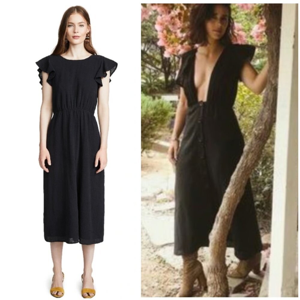 Rachel Pally Cathleen Midi Dress Gauze Reversible Black Open Back Buttons size M